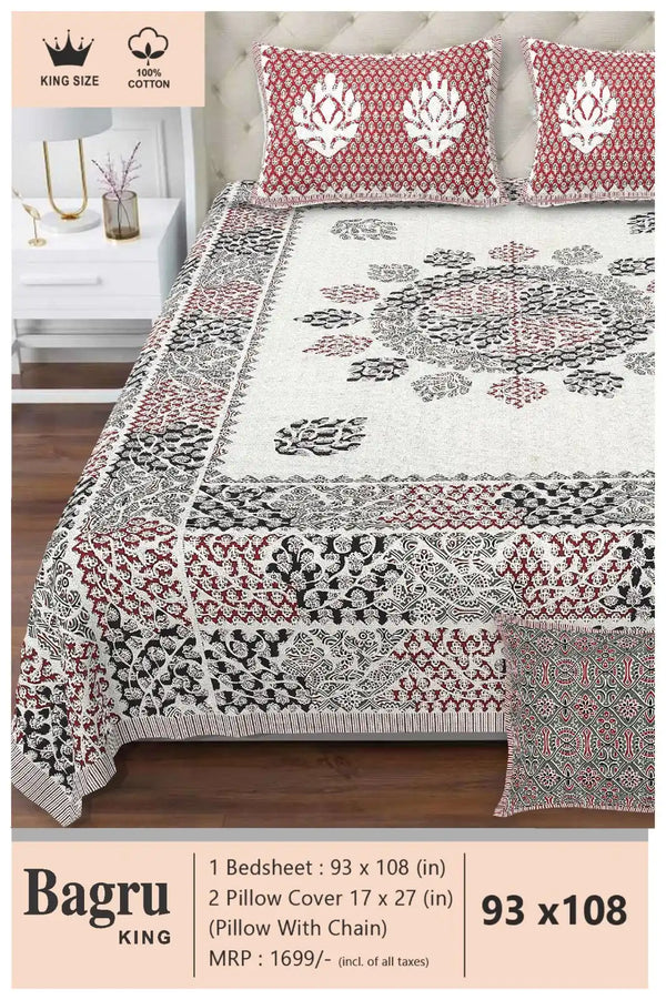 Queen Size 7ft*8.5ft Sanganeri Bedsheet With 2 Pillow Covers