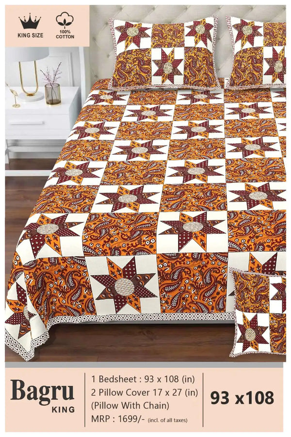 Queen Size 7ft*8.5ft Sanganeri Bedsheet With 2 Pillow Covers