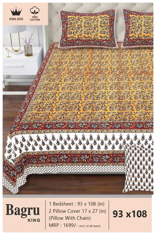 Queen Size 7ft*8.5ft Sanganeri Bedsheet With 2 Pillow Covers