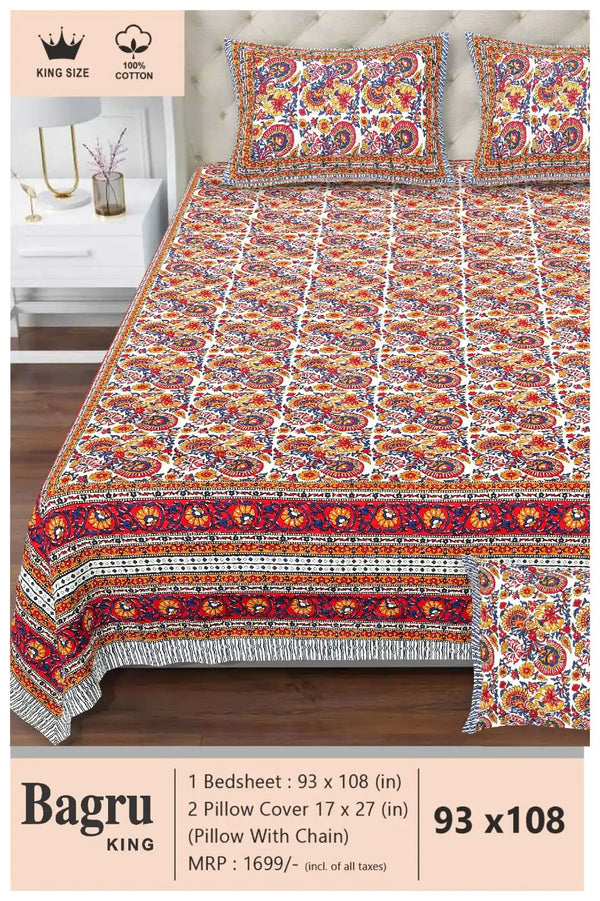 Queen Size 7ft*8.5ft Sanganeri Bedsheet With 2 Pillow Covers