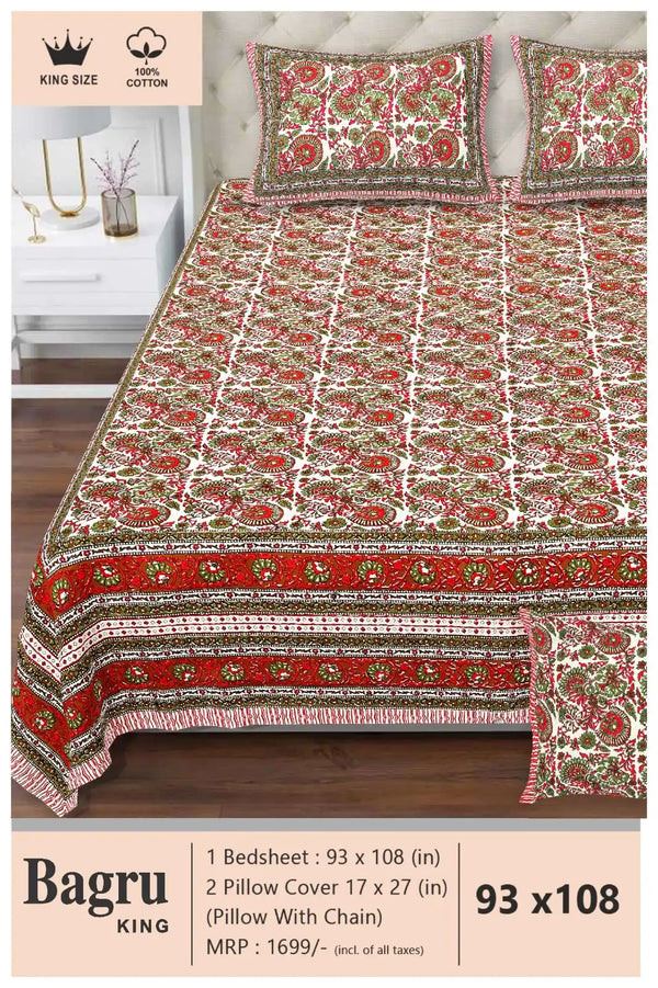 Queen Size 7ft*8.5ft Sanganeri Bedsheet With 2 Pillow Covers