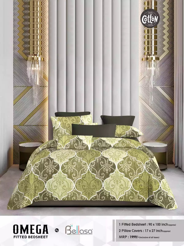 Queen Size Cotton Bedsheets With 2 Pillow Covers, 4 Way Elastic Fitted Bedsheets