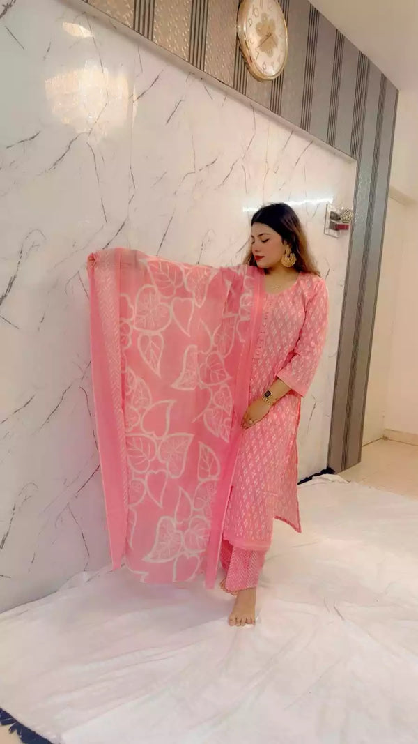 Readymade Block Print Cotton Suit With Cotton Dupatta