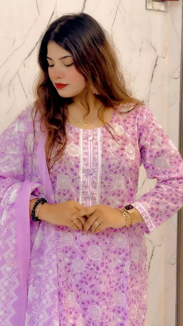 Readymade Block Print Cotton Suit With Cotton Dupatta
