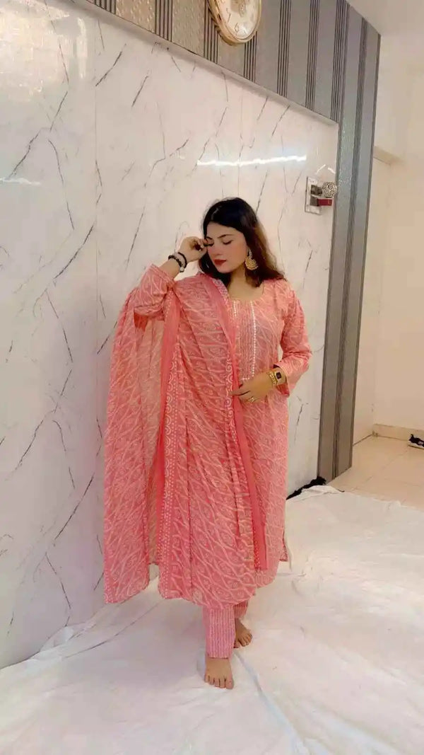 Readymade Block Print Cotton Suit With Cotton Dupatta