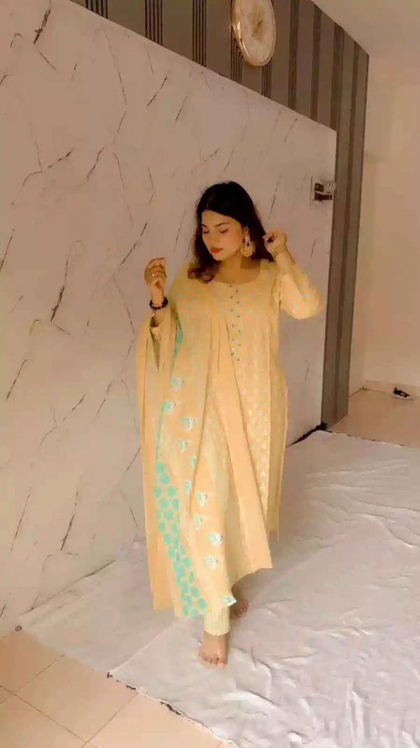 Readymade Block Print Cotton Suit With Cotton Dupatta