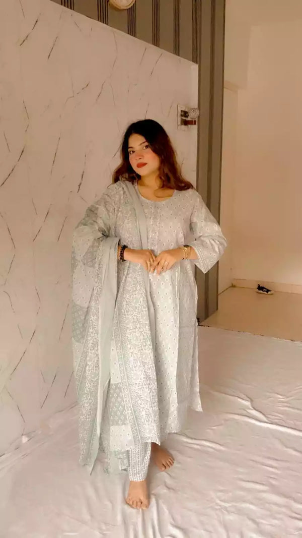 Readymade Block Print Cotton Suit With Cotton Dupatta