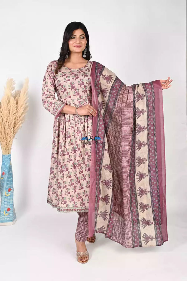 Naira Cut Readymade Cotton Block Print Suit With Mal Cotton Dupatta