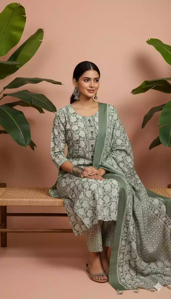 Readymade Block Print Cotton Suit With Cotton Dupatta