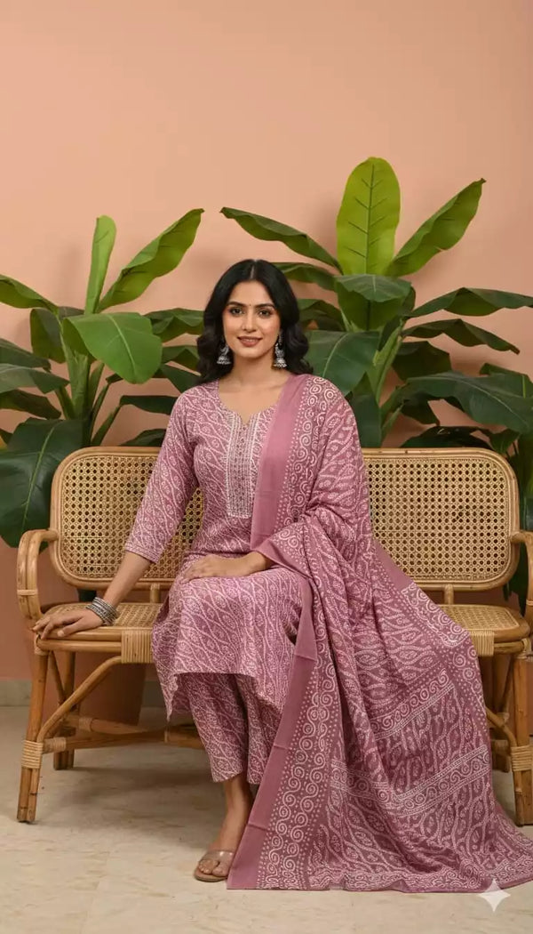 Readymade Block Print Cotton Suit With Cotton Dupatta