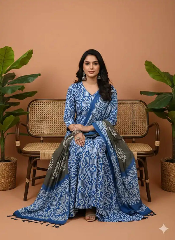 Gown Pattern cotton Handloom Batik With Plazo Pant Pattern, Cotton Dupatta
