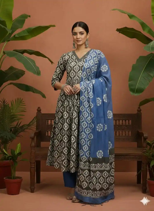 2xl Naira Cut With Pleats  Pattern cotton Handloom Batik With Plazo Pant Pattern