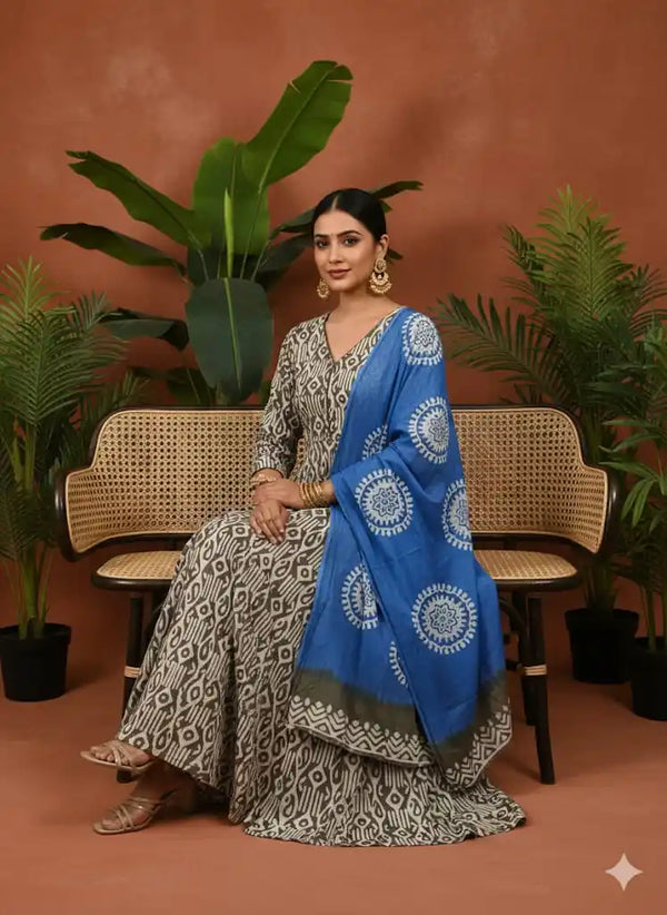 2XL Frock  Pattern in Handloom Batik with mal cotton dupata