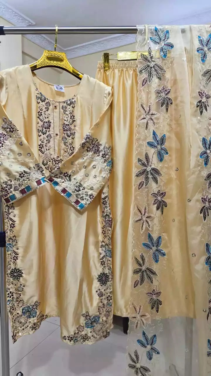 Lahori Style Designer Suit With Cutwork Embroidery & Plazzo