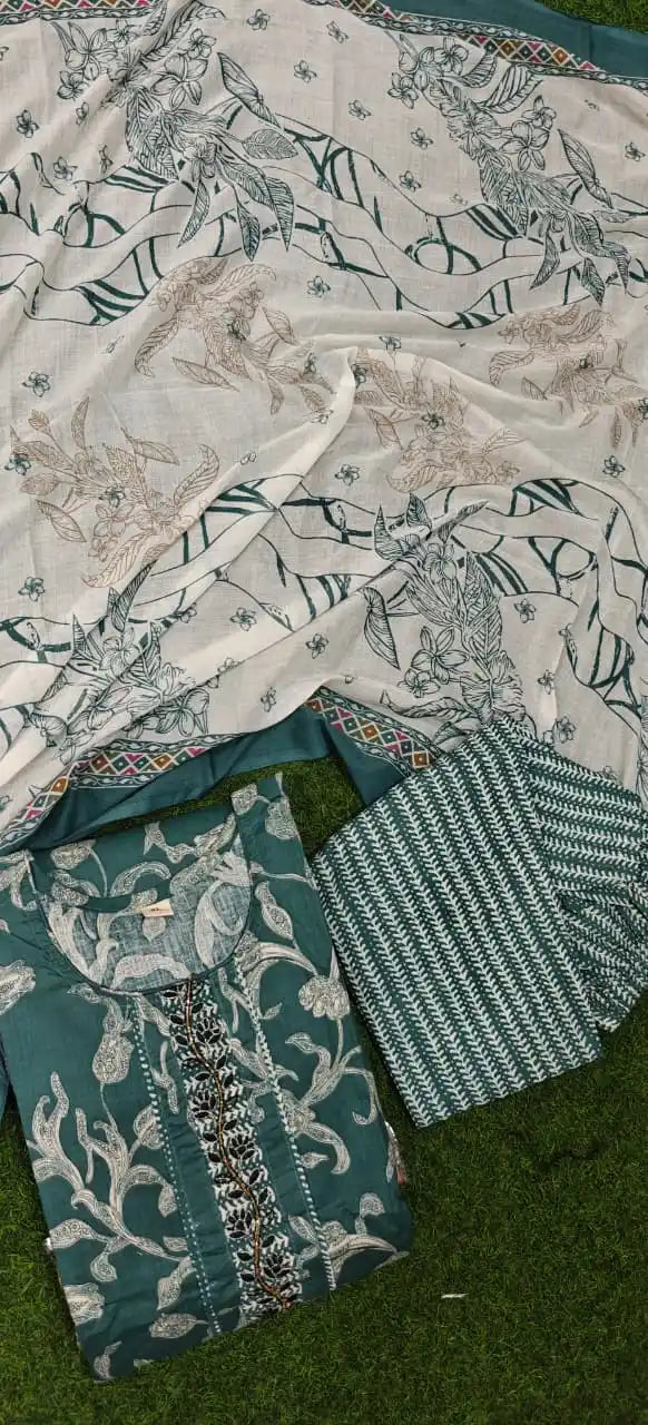 Dailywear Regular-wear  Straight-cut Readymade Soft Cotton Suit With NECK EMB, PRINT Cotton Dupatta & Cotton Pant With Miyani