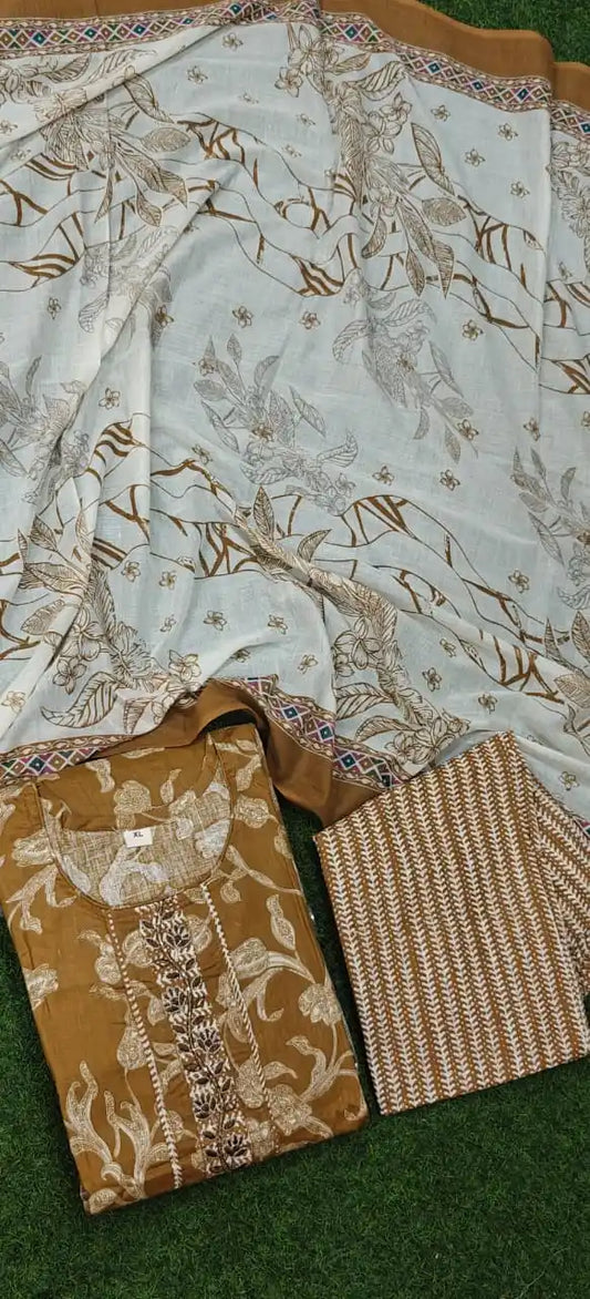 Dailywear Regular-wear  Straight-cut Readymade Soft Cotton Suit With NECK EMB, PRINT Cotton Dupatta & Cotton Pant With Miyani