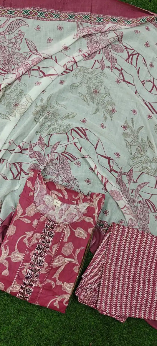 Dailywear Regular-wear  Straight-cut Readymade Soft Cotton Suit With NECK EMB, PRINT Cotton Dupatta & Cotton Pant With Miyani