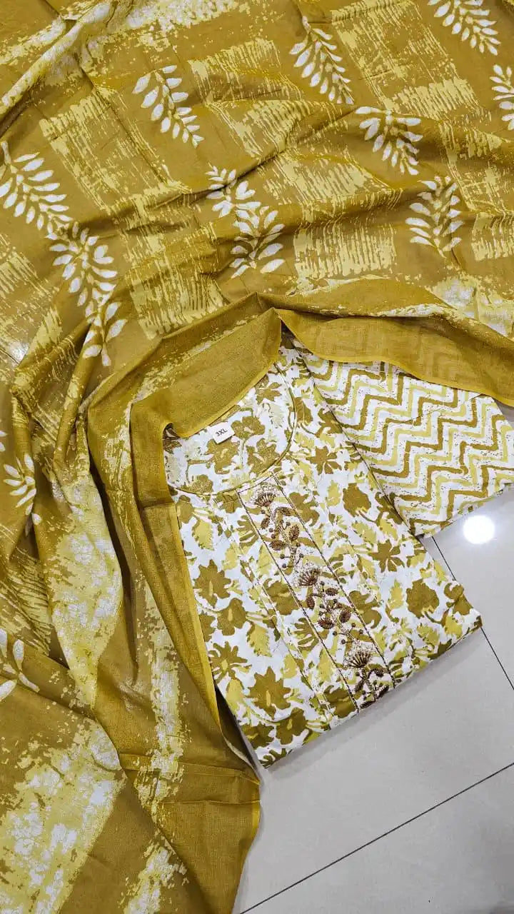 Dailywear Regular-wear  Straight-cut Readymade Soft Cotton Suit With NECK EMB, PRINT Cotton Dupatta & Cotton Pant With Miyani