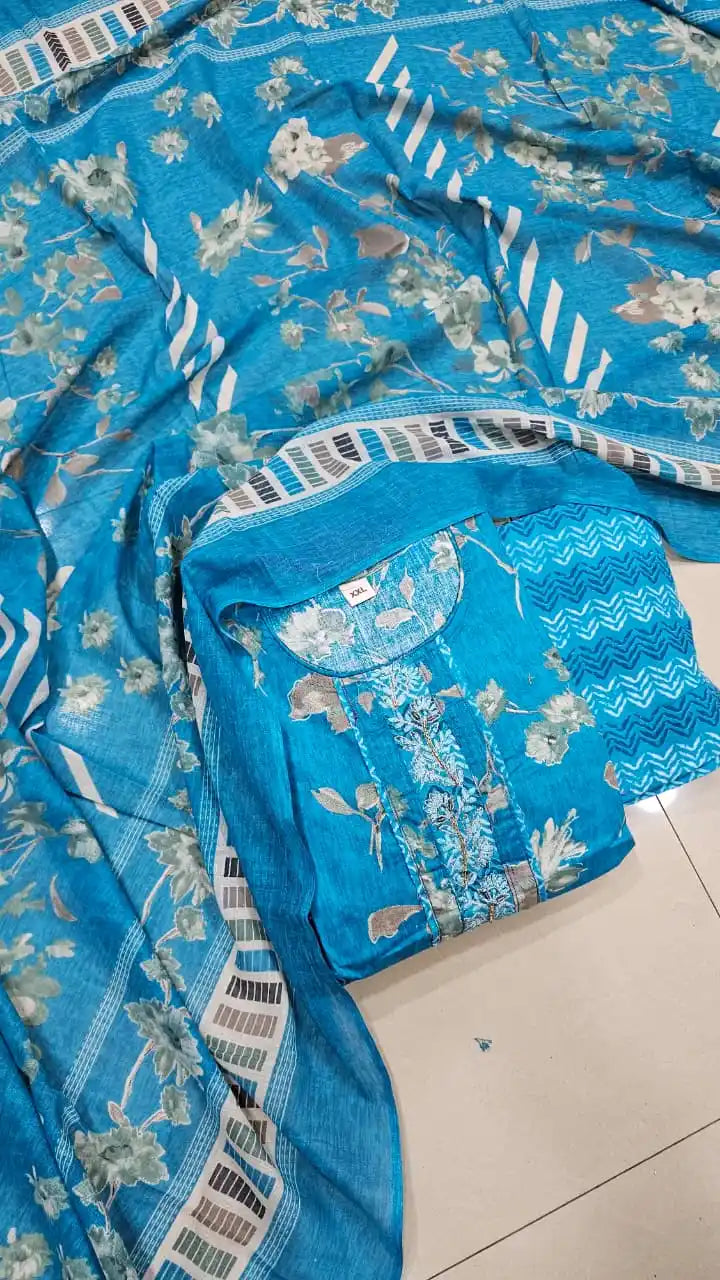 Dailywear Regular-wear  Straight-cut Readymade Soft Cotton Suit With NECK EMB, PRINT Cotton Dupatta & Cotton Pant With Miyani