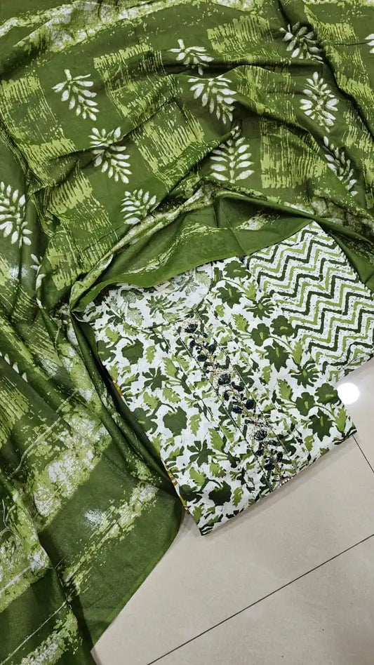 Dailywear Regular-wear  Straight-cut Readymade Soft Cotton Suit With NECK EMB, PRINT Cotton Dupatta & Cotton Pant With Miyani