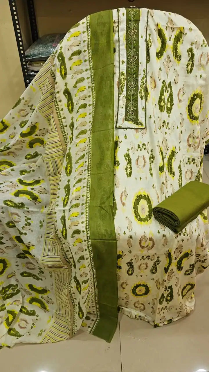 PREMIUM LIGHTWEIGHT UNSTITCHED JAM COTTON SUIT WITH NECK EMB, RAYON BOTTOM SOFT COTTON DUPATTA PRINTED