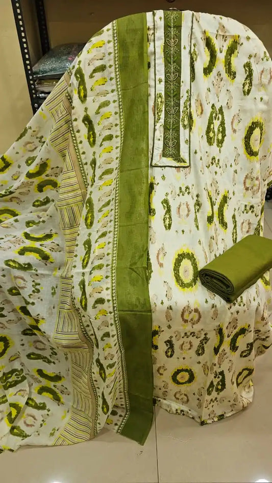 PREMIUM LIGHTWEIGHT UNSTITCHED JAM COTTON SUIT WITH NECK EMB, RAYON BOTTOM SOFT COTTON DUPATTA PRINTED
