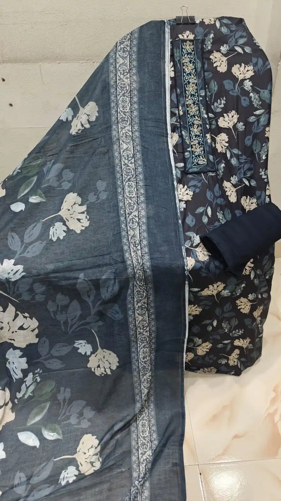 Dark Navy Glazed Jam Cotton Fabric Cream Floral Print Suit Material with Border Dupatta