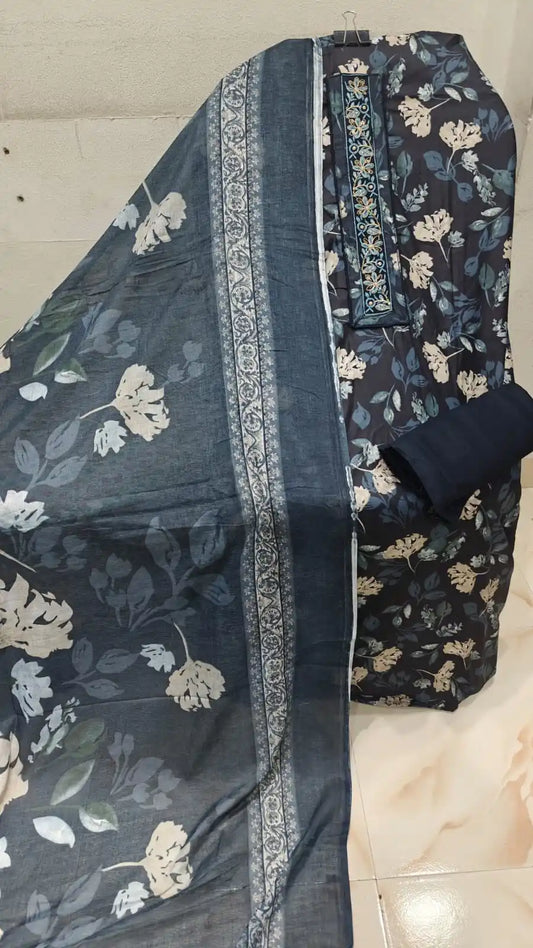 Dark Navy Glazed Jam Cotton Fabric Cream Floral Print Suit Material with Border Dupatta