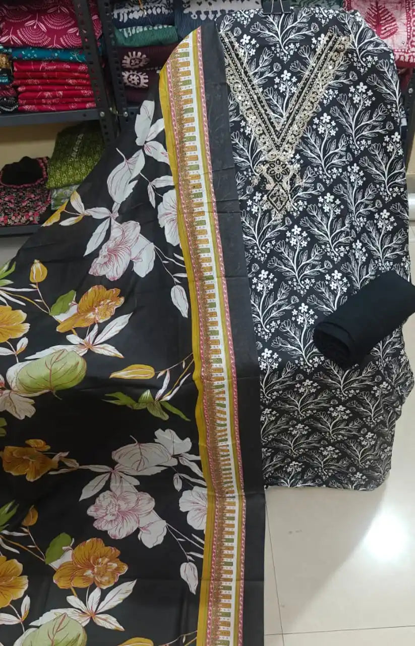 Black Glazed Jam Cotton Fabric White Leaf Print Suit Material with Bold Yellow Floral Dupatta