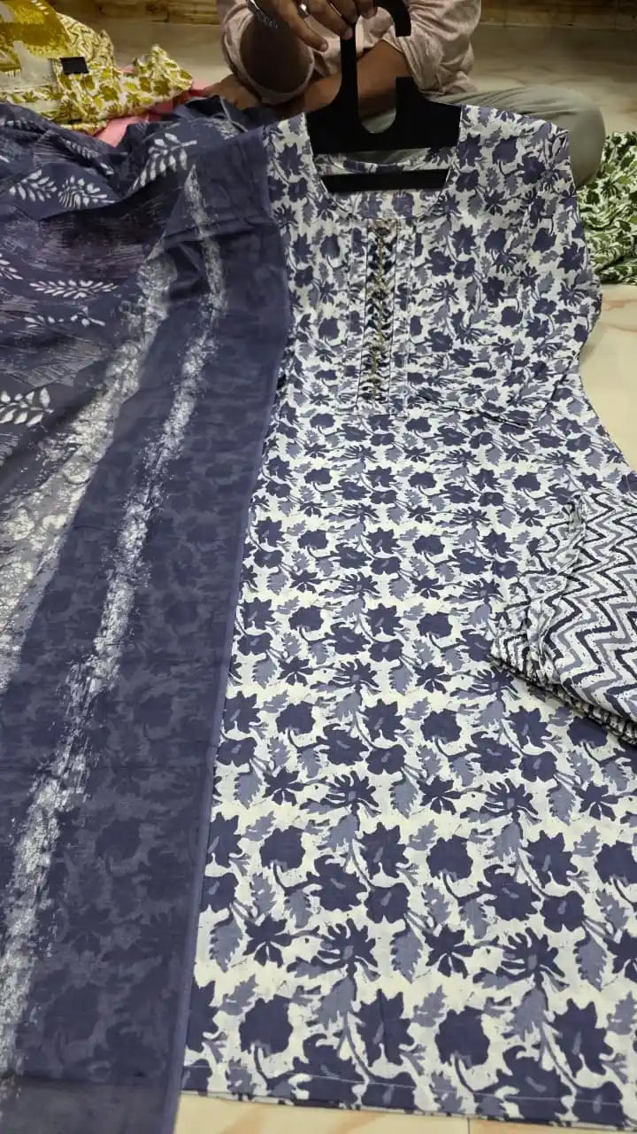 Navy blue jaipuri pant set featuring a cotton straight cut top and printed dupatta.