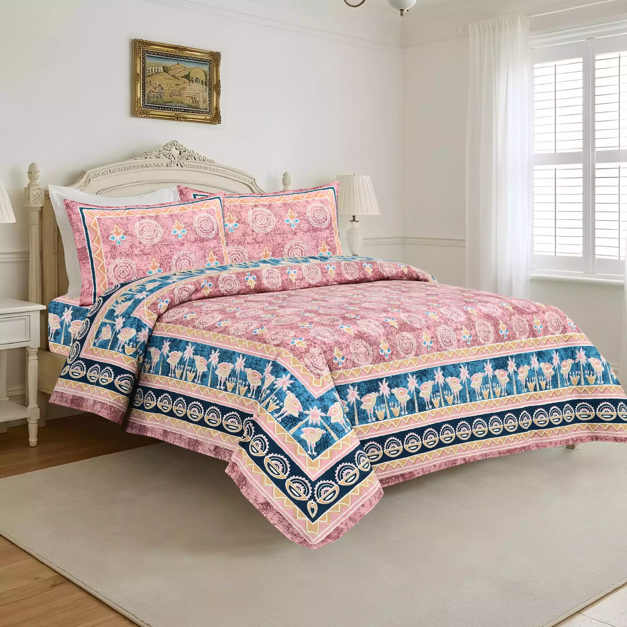 Super King Size Jaipuri block print cotton bedsheet 8x9 ft with 2 pillow covers displayed on a bed.