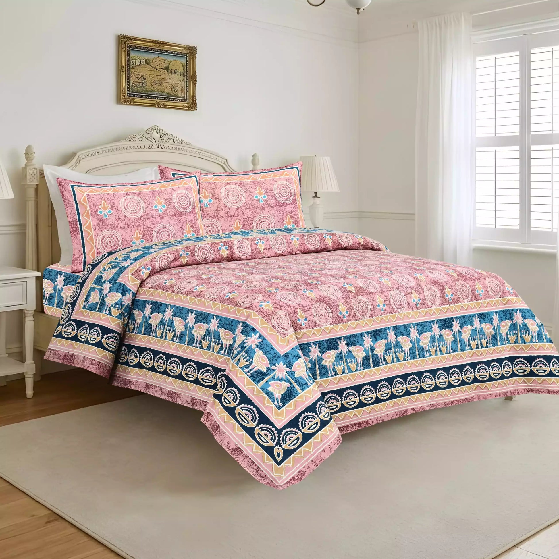 Super King Size Jaipuri block print cotton bedsheet 8x9 ft with 2 pillow covers displayed on a bed.