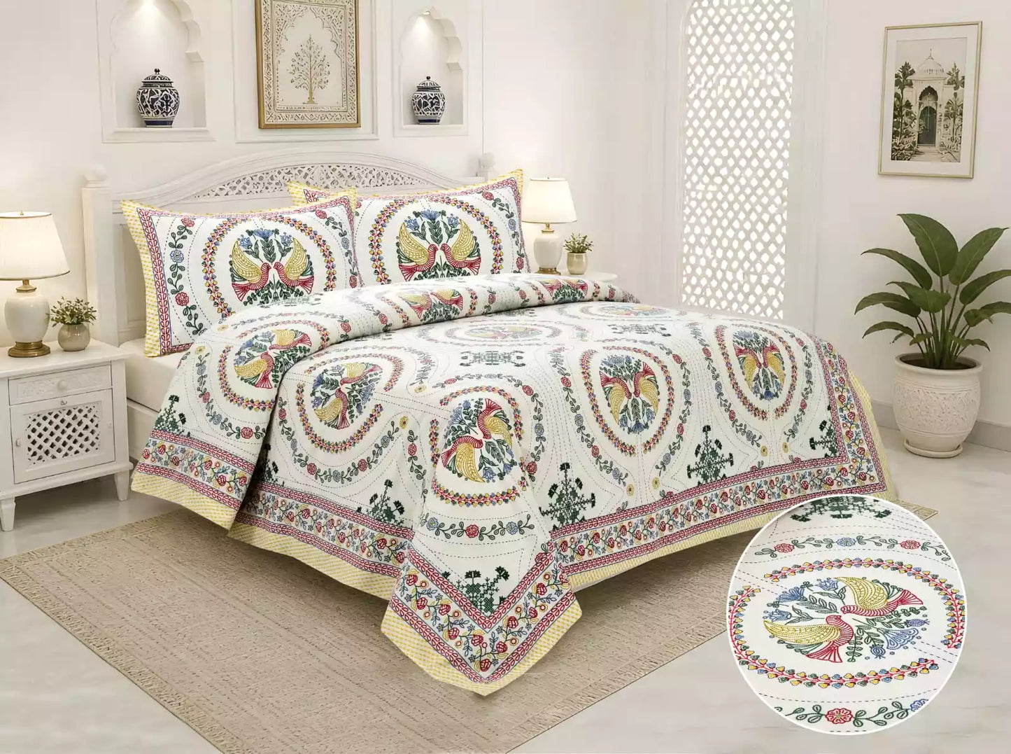Super King Size Jaipuri block print cotton bedsheet 8x9 ft with 2 pillow covers in a stylish bedroom setting.