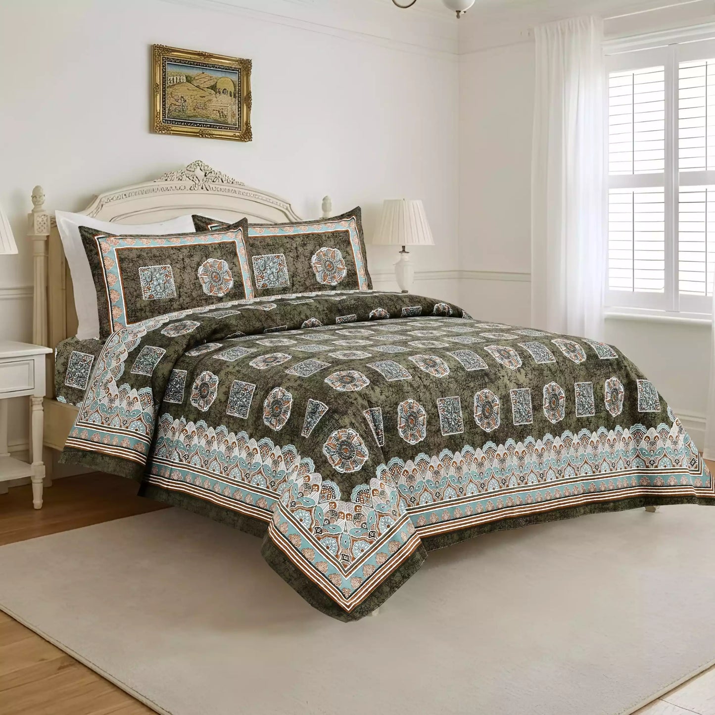 Super King Size Jaipuri Block Print Cotton Bedsheet 8x9 ft with 2 Pillow Covers by ASC Fashion Store