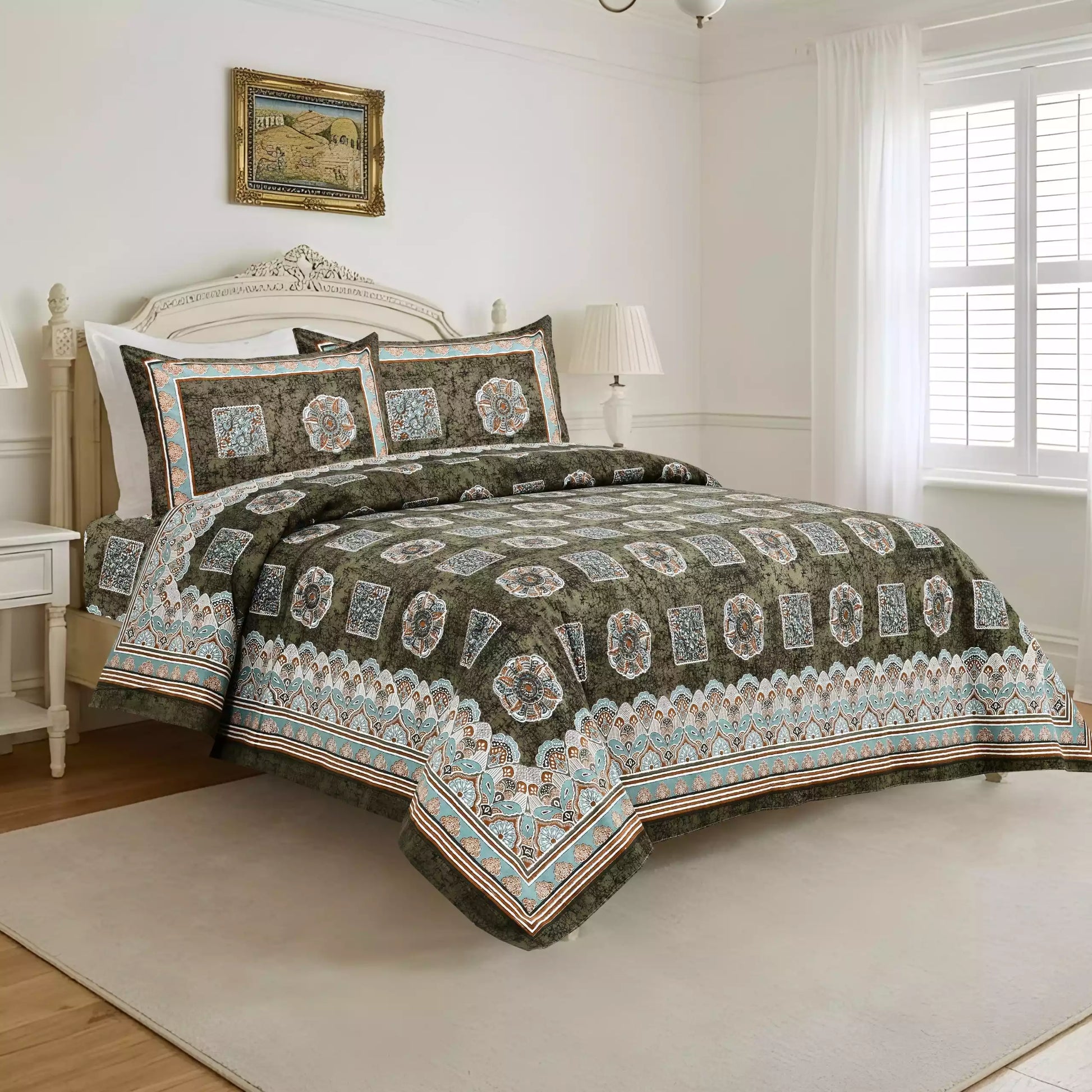 Super King Size Jaipuri Block Print Cotton Bedsheet 8x9 ft with 2 Pillow Covers by ASC Fashion Store