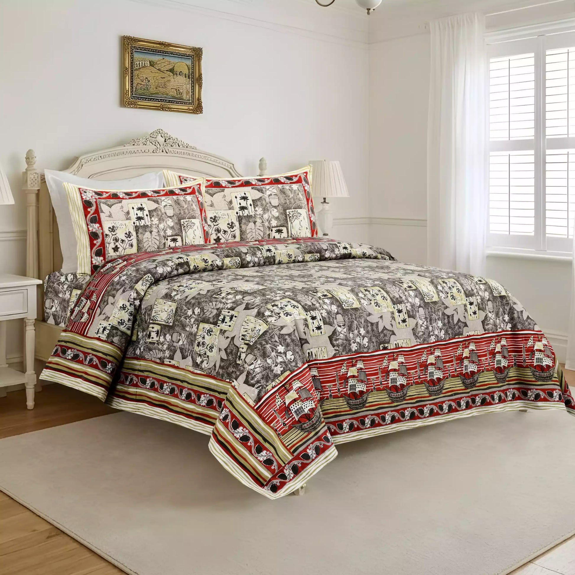 Jaipuri block print super king size bedsheet 8x9 ft with 2 pillow covers styled in elegant bedroom setting.