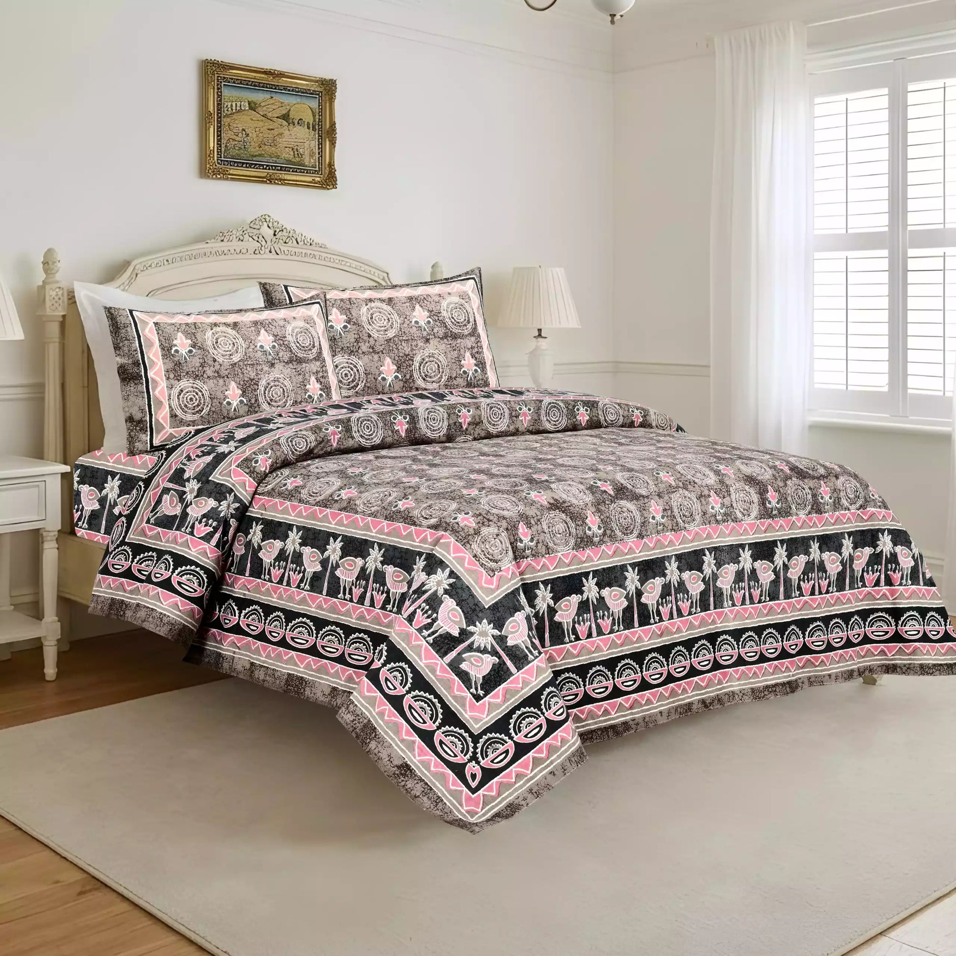 Super King Size Jaipuri Block Print Cotton Bedsheet 8x9 ft With 2 Pillow Covers by ASC Fashion Store