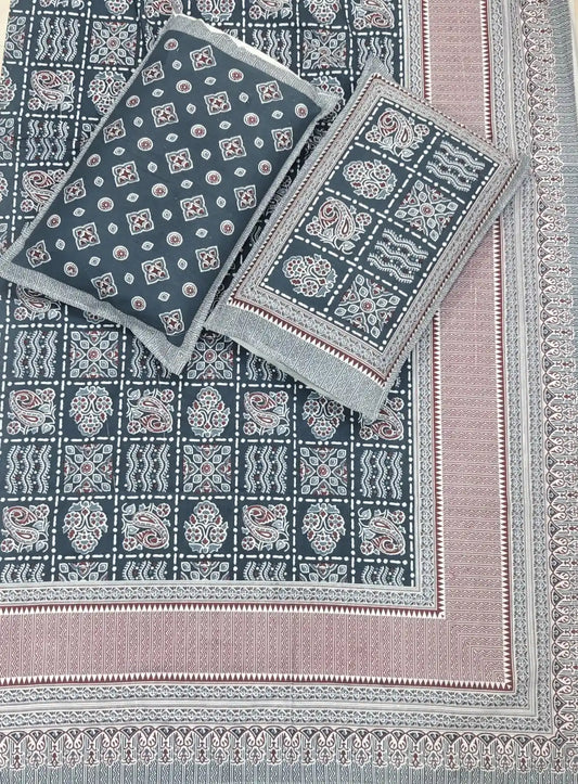 Super King Size Jaipuri Block Print Cotton Bedsheet 8x9 ft With 2 Pillow Covers by ASC Fashion Store