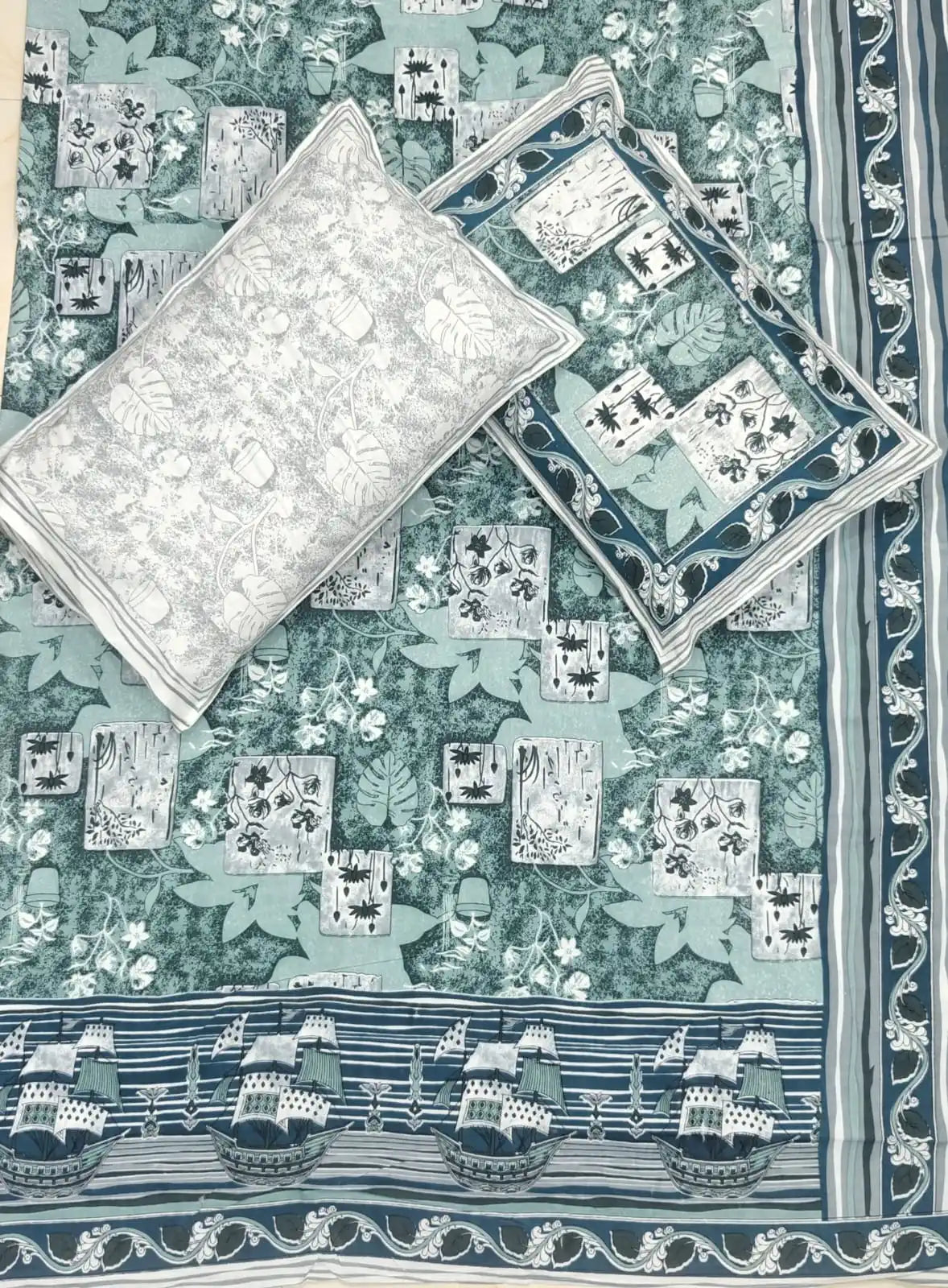 Super King Size Jaipuri Block Print Cotton Bedsheet 8x9 ft With 2 Pillow Covers by ASC Fashion Store