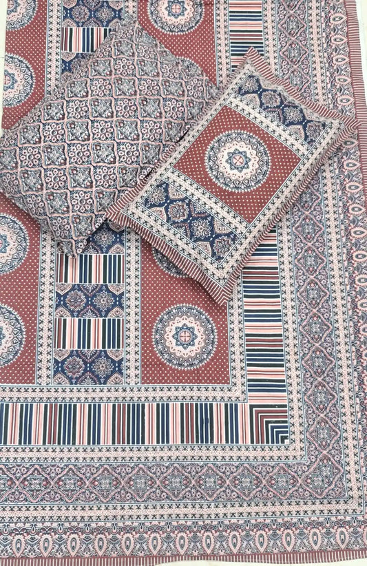 Super King Size Jaipuri Block Print Cotton Bedsheet 8x9 ft With 2 Pillow Covers by ASC Fashion Store