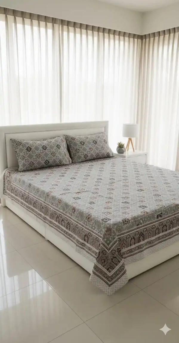 King Size 8ft x 9ft Jaipuri Cotton Bedsheet with 2 Pillow Covers