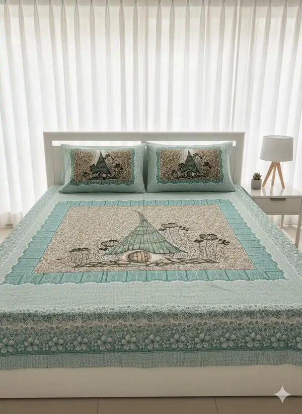 King Size 8ft x 9ft Jaipuri Cotton Bedsheet with 2 Pillow Covers