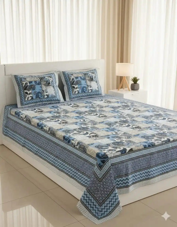 King Size 8ft x 9ft Jaipuri Cotton Bedsheet with 2 Pillow Covers