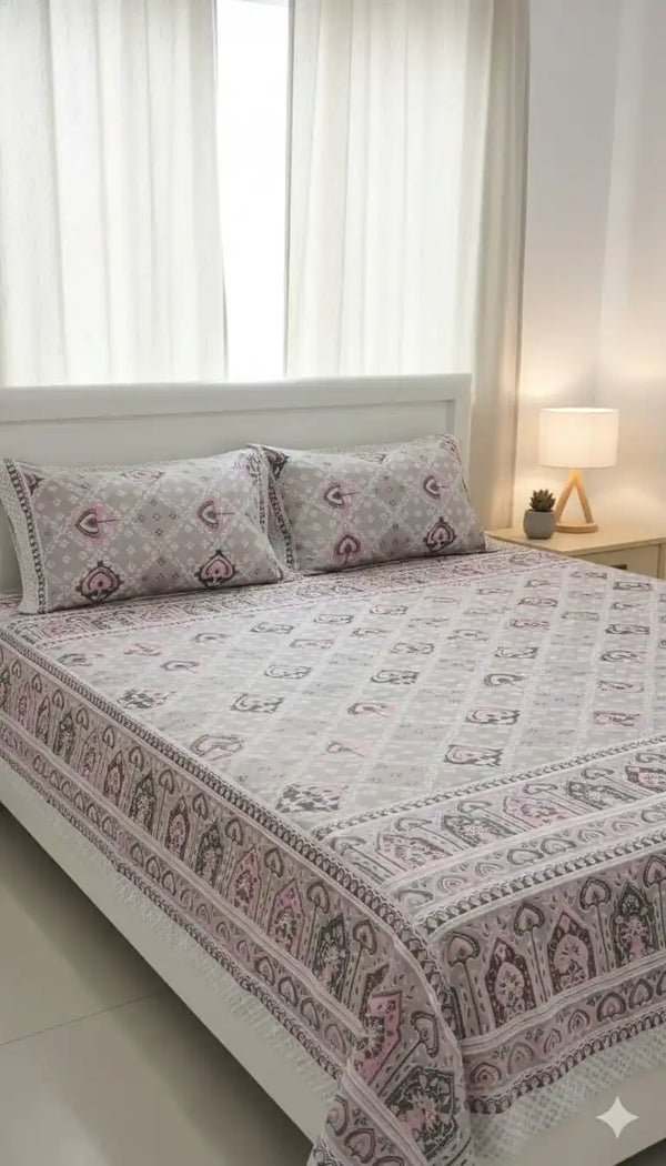 King Size 8ft x 9ft Jaipuri Cotton Bedsheet with 2 Pillow Covers