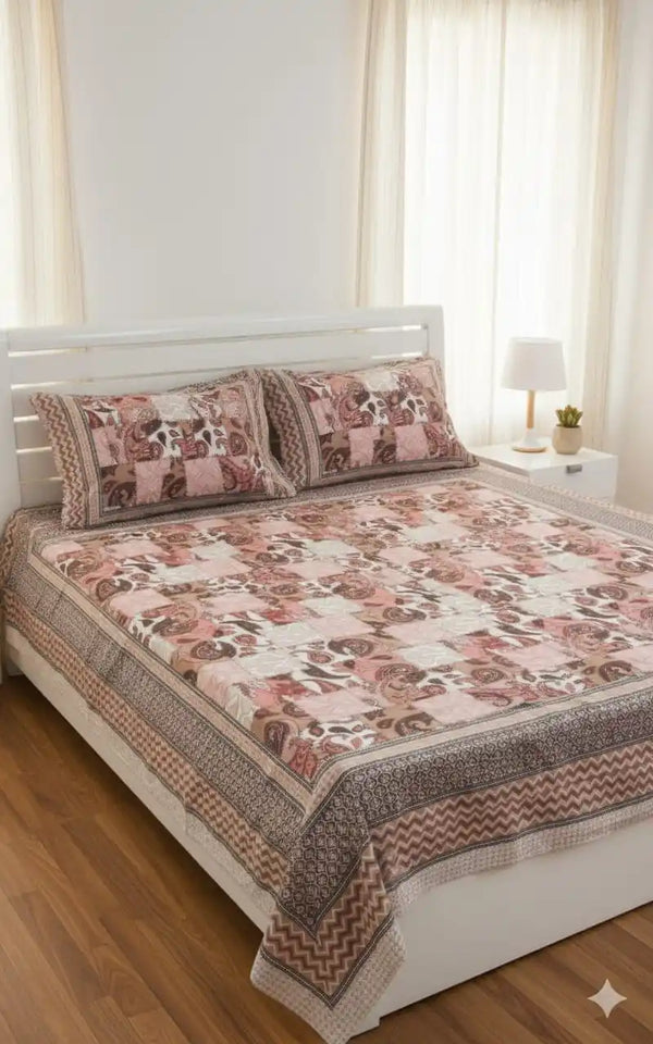 King Size 8ft x 9ft Jaipuri Cotton Bedsheet with 2 Pillow Covers