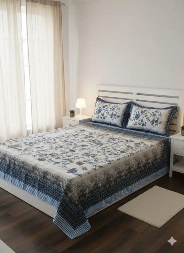 King Size 8ft x 9ft Jaipuri Cotton Bedsheet with 2 Pillow Covers