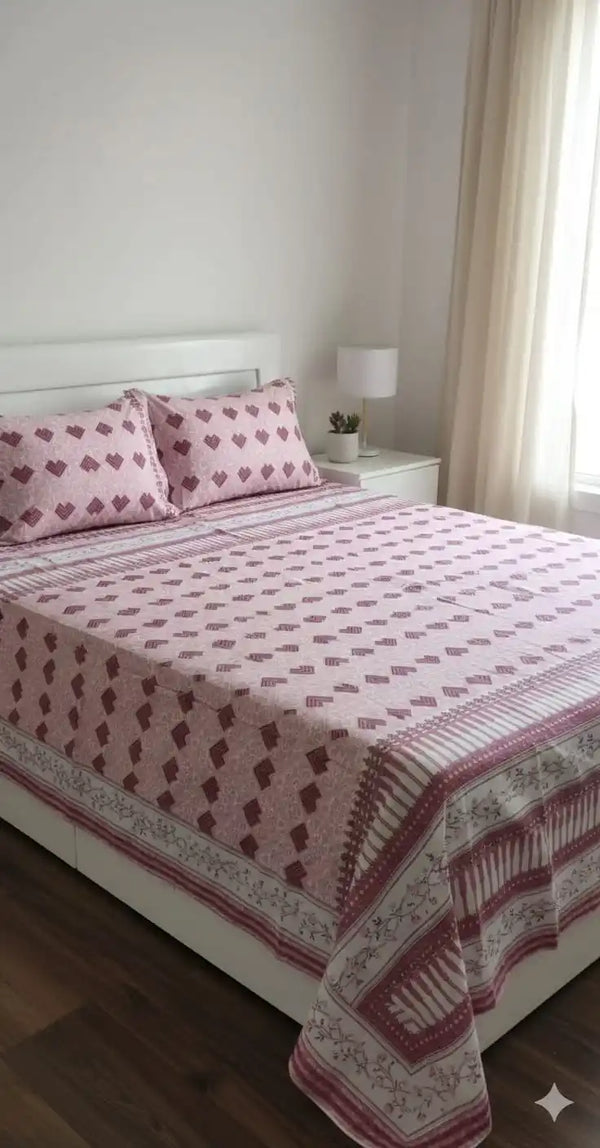 King Size 8ft x 9ft Jaipuri Cotton Bedsheet with 2 Pillow Covers