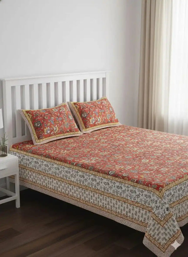 King Size 8ft x 9ft Jaipuri Cotton Bedsheet with 2 Pillow Covers