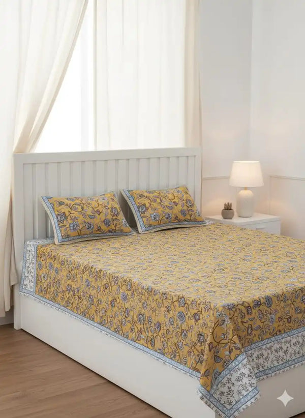 King Size 8ft x 9ft Jaipuri Cotton Bedsheet with 2 Pillow Covers