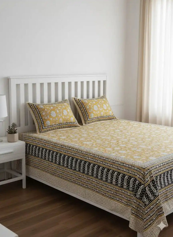 King Size 8ft x 9ft Jaipuri Cotton Bedsheet with 2 Pillow Covers